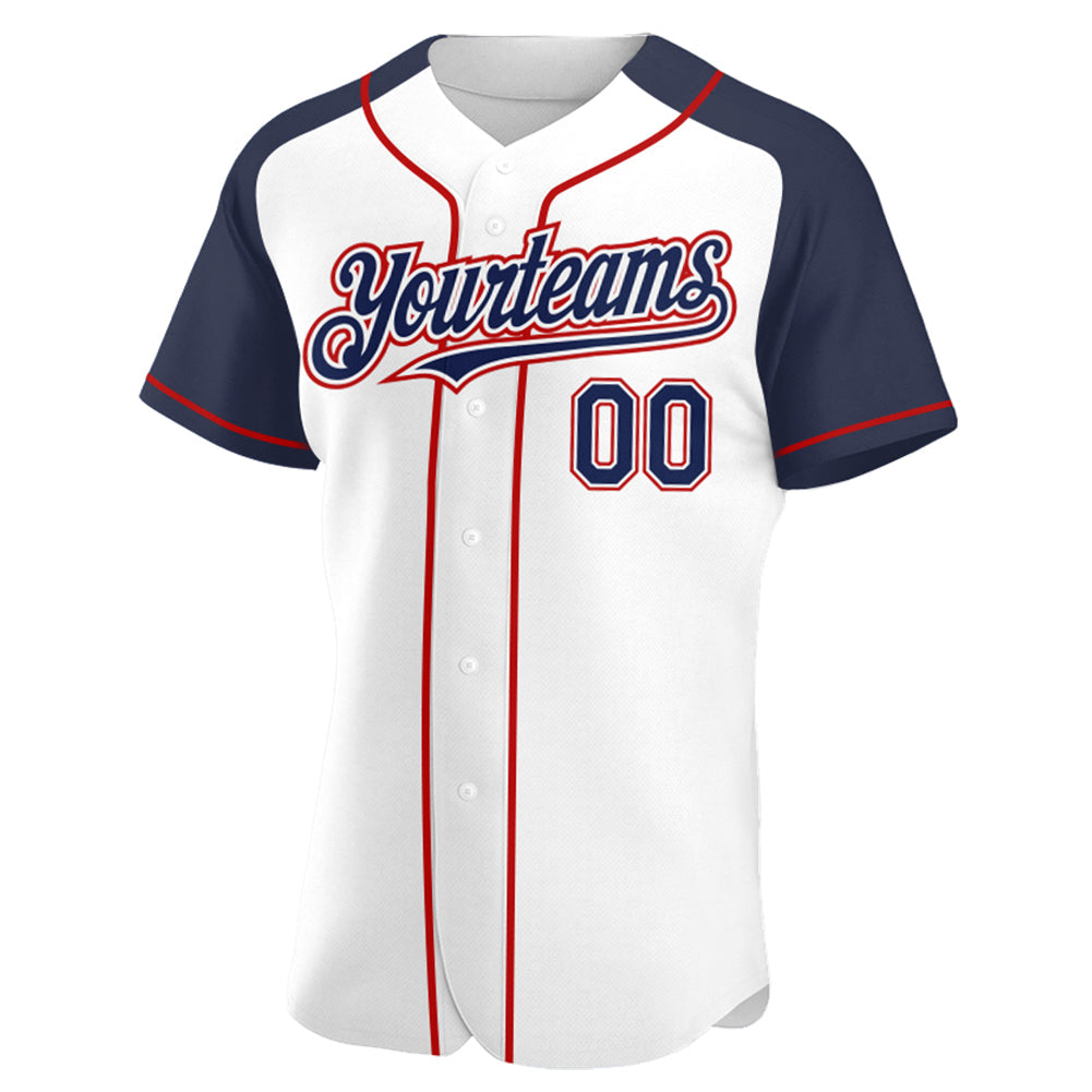 Custom White Navy-Red Authentic Raglan Sleeves Baseball Jersey view 2