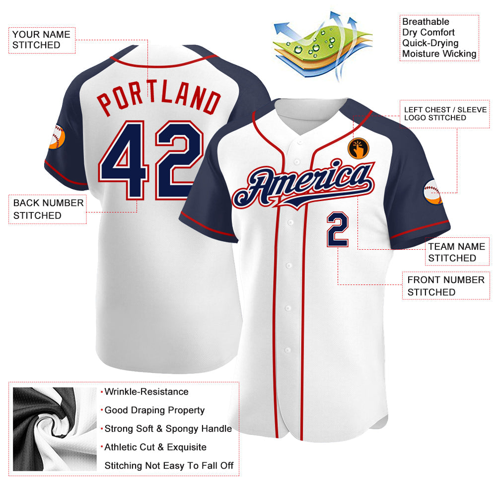 Custom White Navy-Red Authentic Raglan Sleeves Baseball Jersey view 3