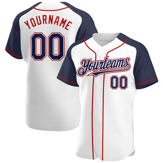 Custom White Navy-Red Authentic Raglan Sleeves Baseball Jersey - Main View