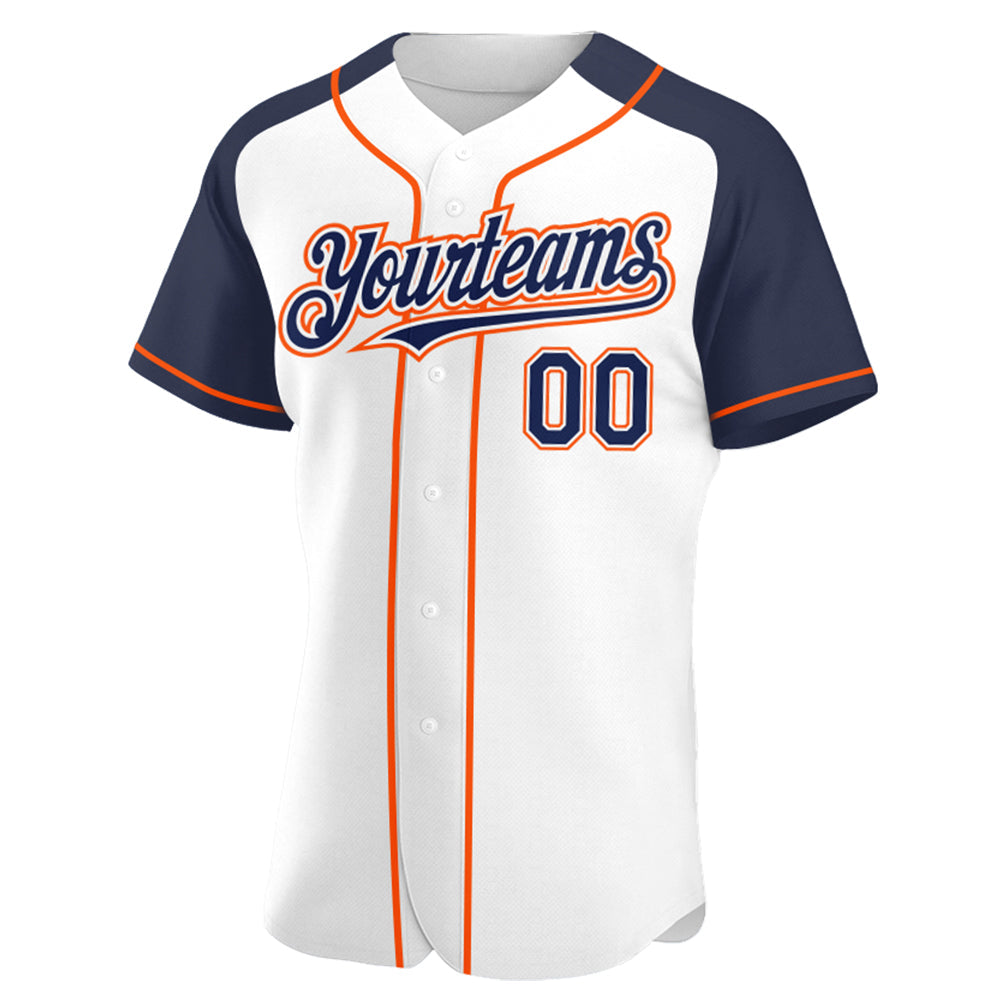 Custom White Navy-Orange Authentic Raglan Sleeves Baseball Jersey view 2