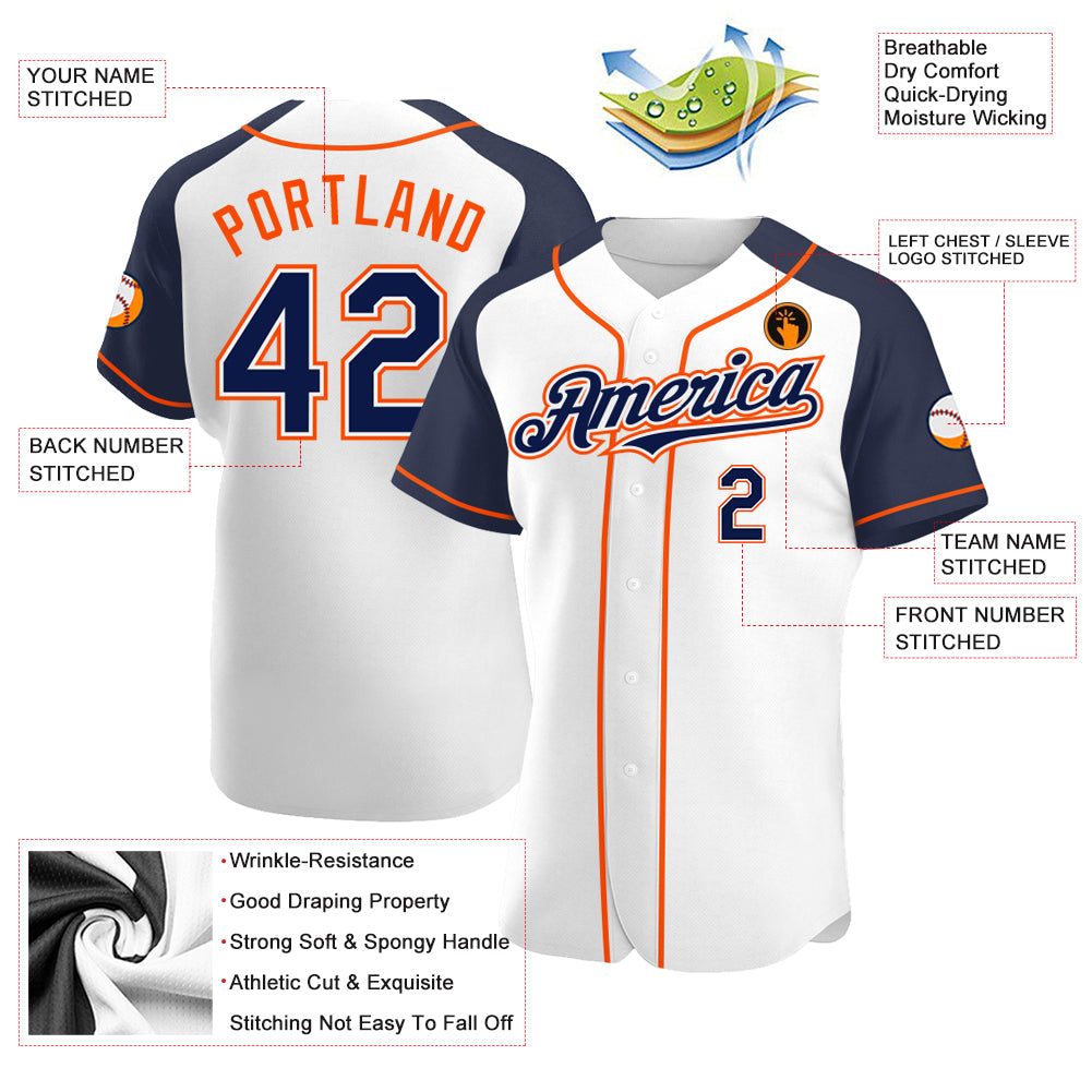 Custom White Navy-Orange Authentic Raglan Sleeves Baseball Jersey view 3