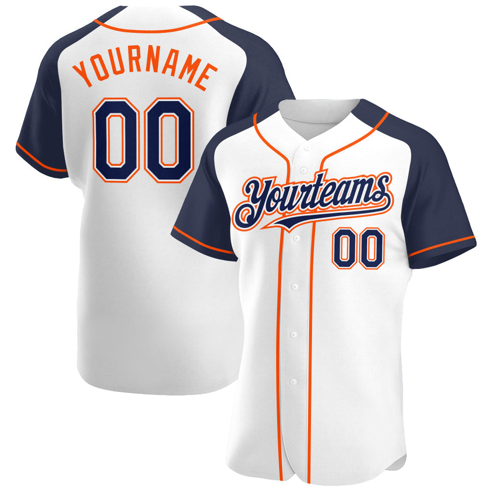 Custom White Navy-Orange Authentic Raglan Sleeves Baseball Jersey - Main View