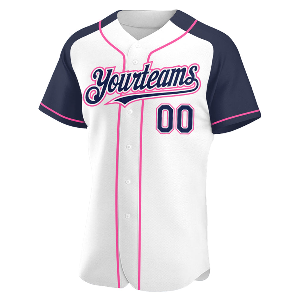 Custom White Navy-Pink Authentic Raglan Sleeves Baseball Jersey view 2