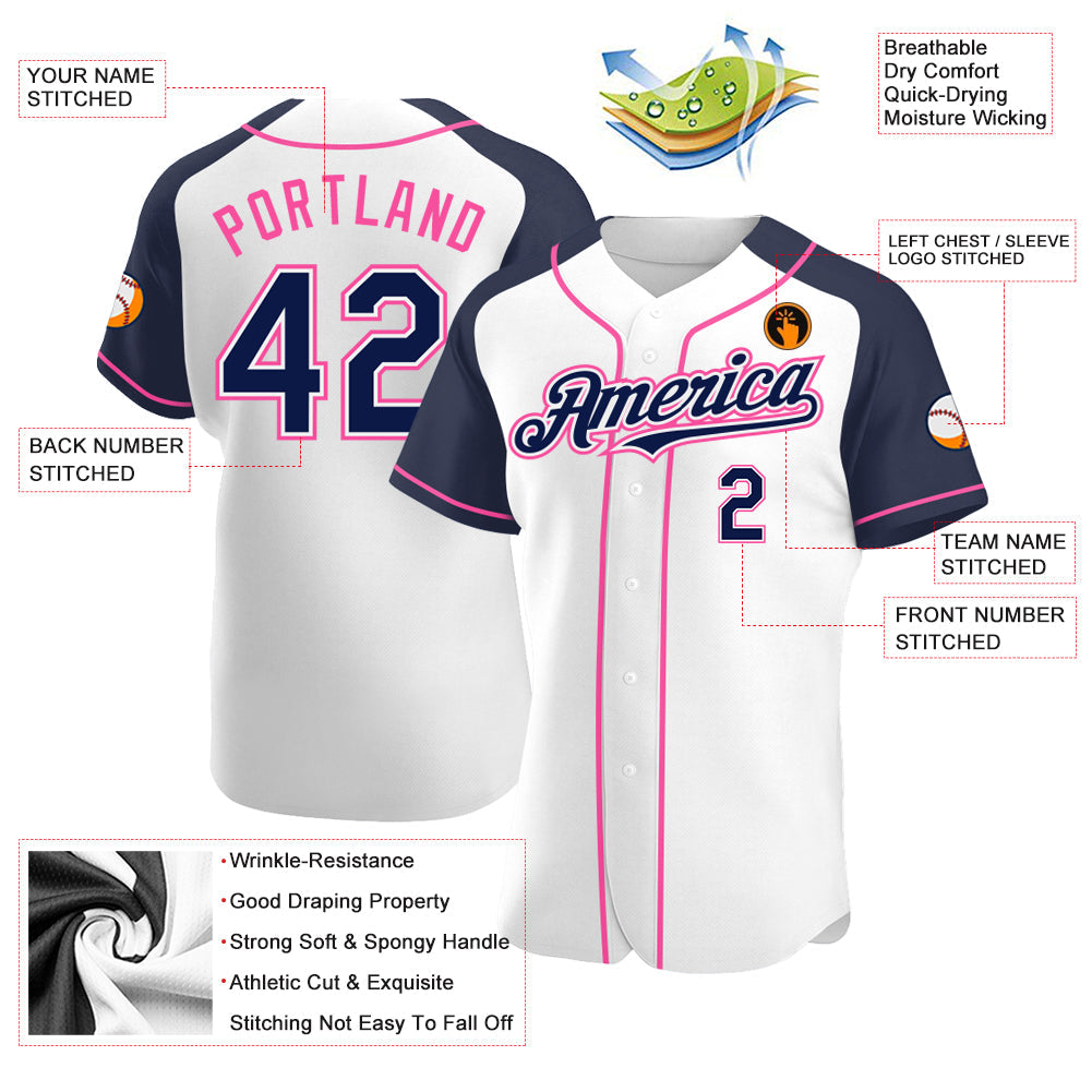 Custom White Navy-Pink Authentic Raglan Sleeves Baseball Jersey view 3