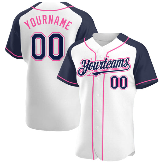 Custom White Navy-Pink Authentic Raglan Sleeves Baseball Jersey - Main View