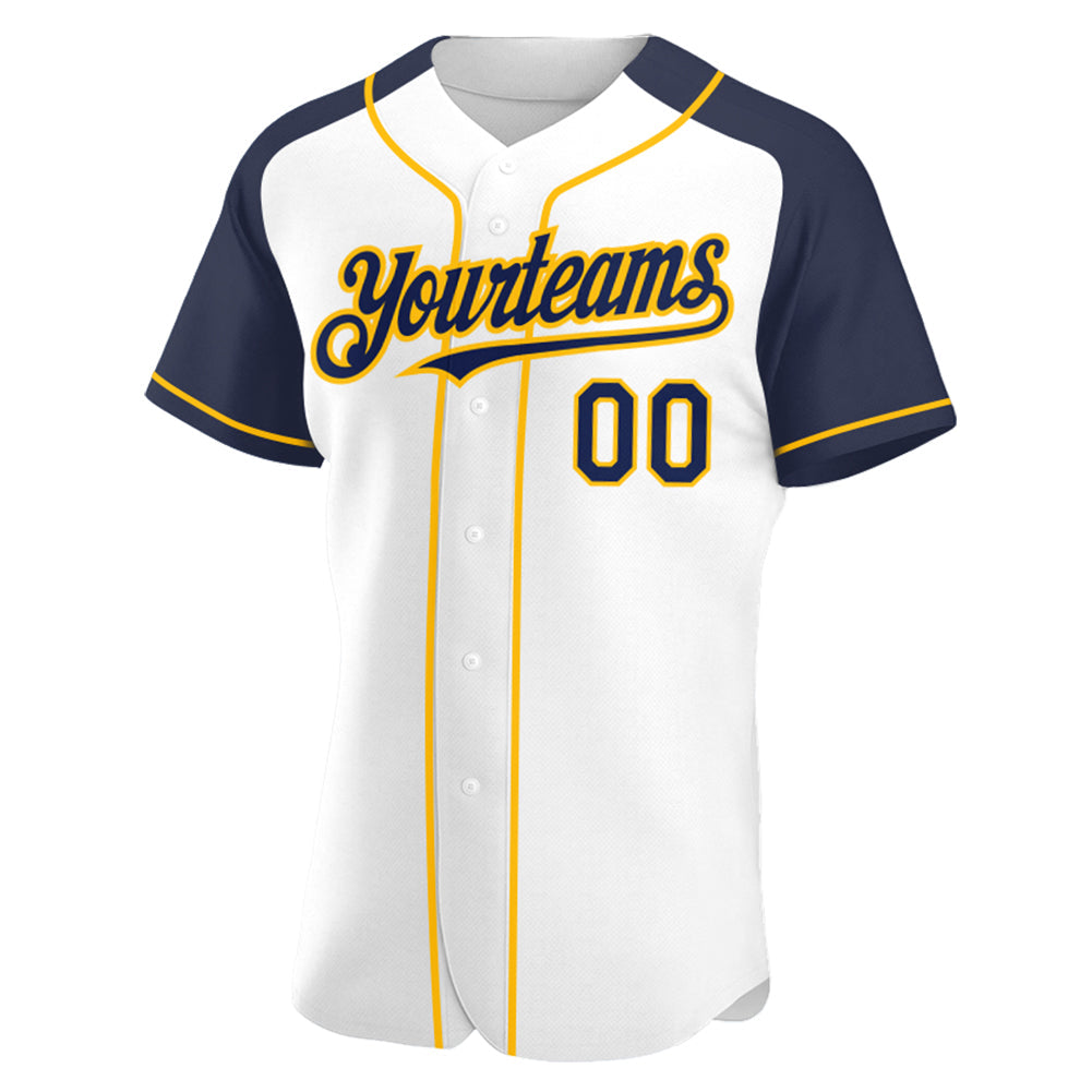 Custom White Navy-Gold Authentic Raglan Sleeves Baseball Jersey view 2