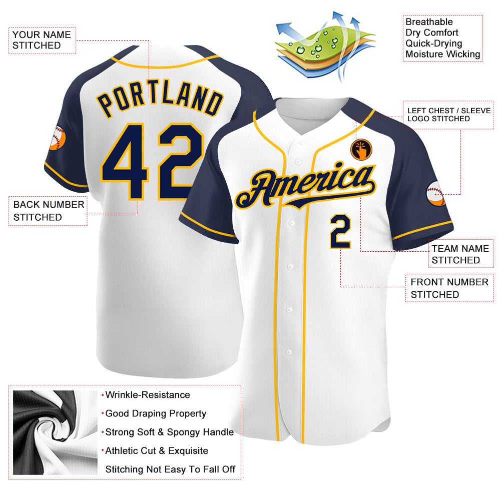 Custom White Navy-Gold Authentic Raglan Sleeves Baseball Jersey view 3