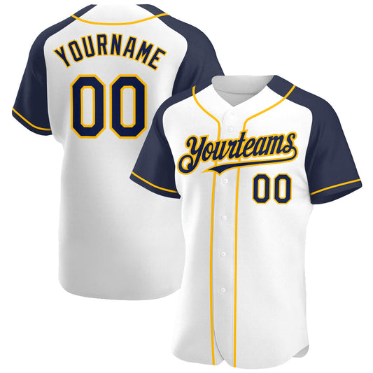 Custom White Navy-Gold Authentic Raglan Sleeves Baseball Jersey - Main View