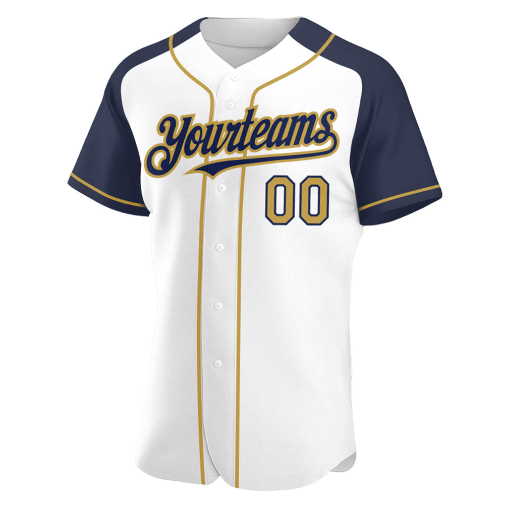 Custom White Old Gold-Navy Authentic Raglan Sleeves Baseball Jersey view 2