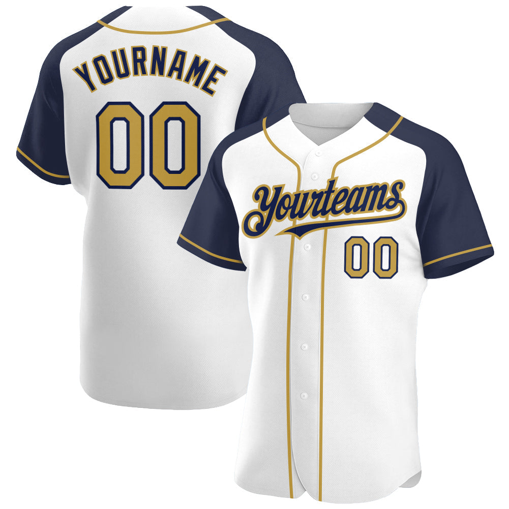 Custom White Old Gold-Navy Authentic Raglan Sleeves Baseball Jersey - Main View