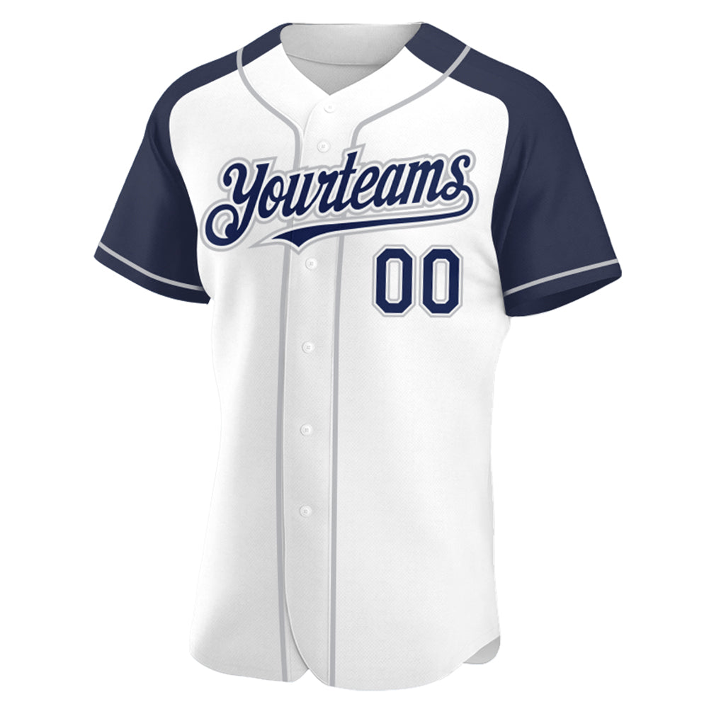 Custom White Navy-Gray Authentic Raglan Sleeves Baseball Jersey view 2