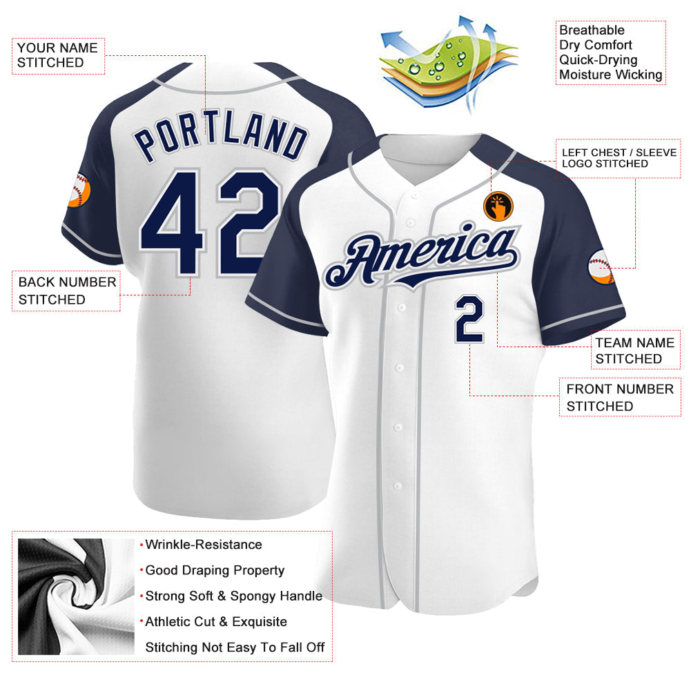 Custom White Navy-Gray Authentic Raglan Sleeves Baseball Jersey view 3
