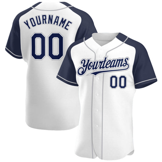 Custom White Navy-Gray Authentic Raglan Sleeves Baseball Jersey - Main View
