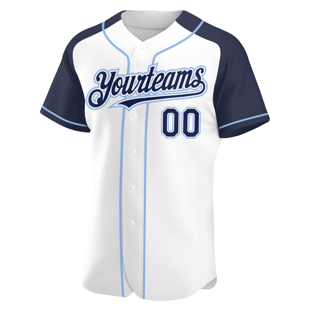 Custom White Navy-Light Blue Authentic Raglan Sleeves Baseball Jersey view 2