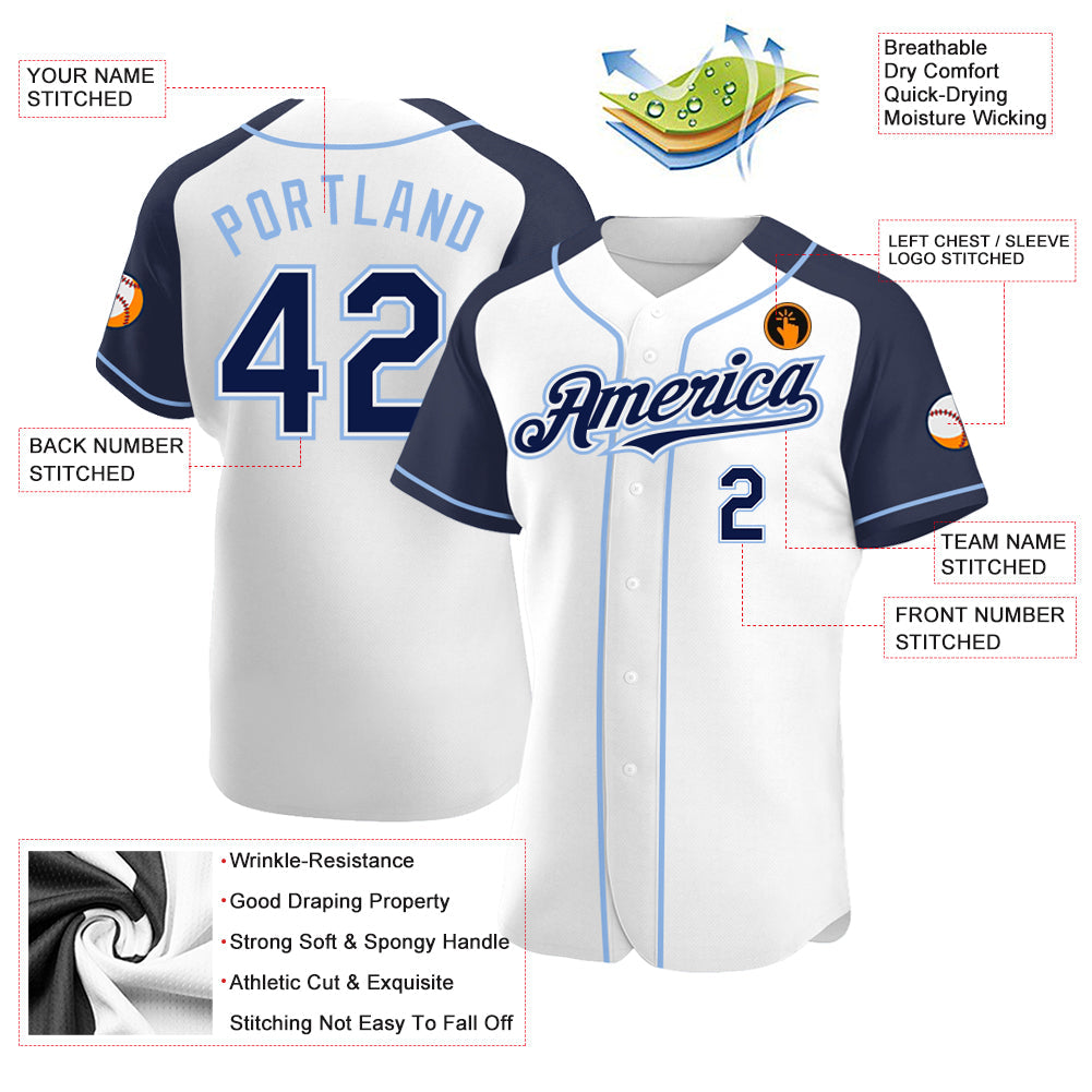 Custom White Navy-Light Blue Authentic Raglan Sleeves Baseball Jersey view 3