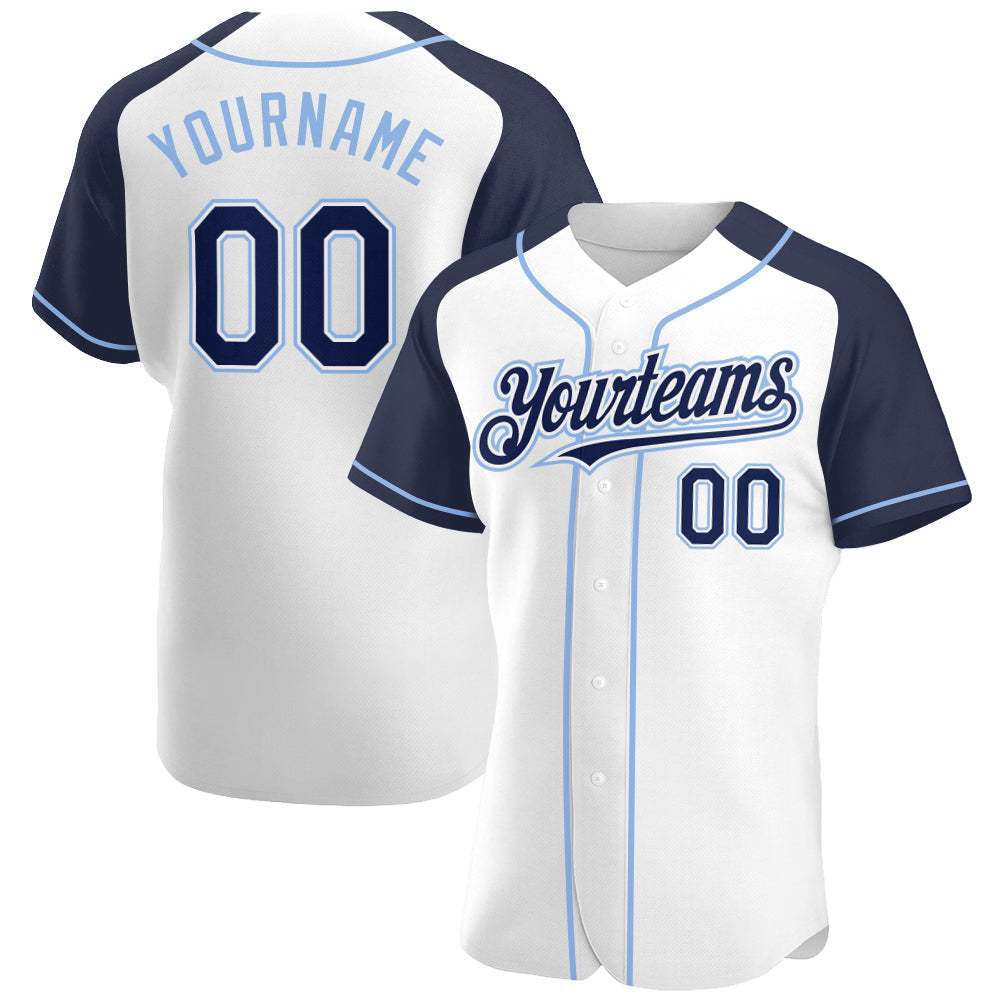 Custom White Navy-Light Blue Authentic Raglan Sleeves Baseball Jersey - Main View