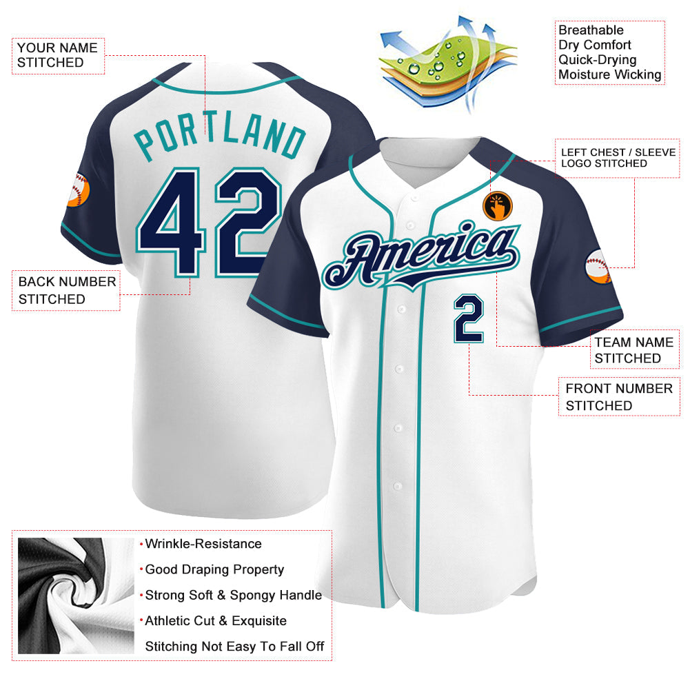 Custom White Navy-Teal Authentic Raglan Sleeves Baseball Jersey view 3