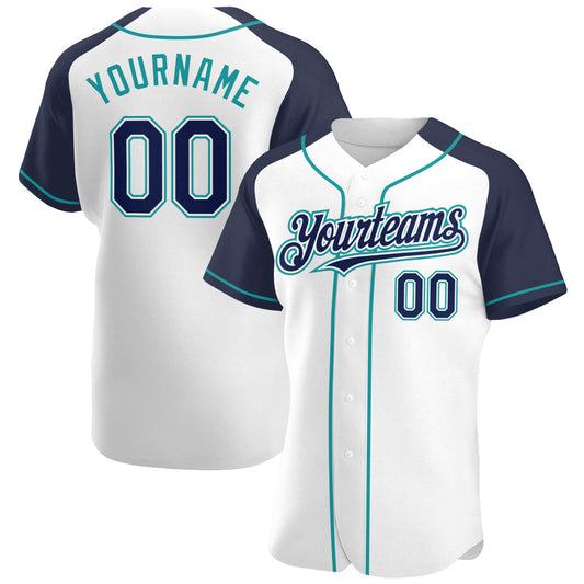 Custom White Navy-Teal Authentic Raglan Sleeves Baseball Jersey - Main View