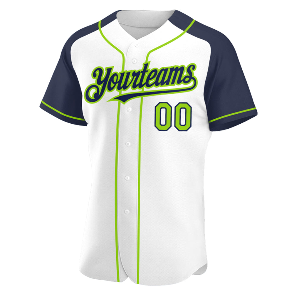 Custom White Neon Green-Navy Authentic Raglan Sleeves Baseball Jersey view 2