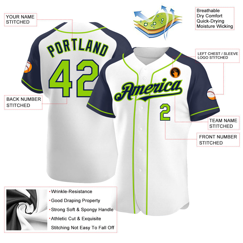 Custom White Neon Green-Navy Authentic Raglan Sleeves Baseball Jersey view 3