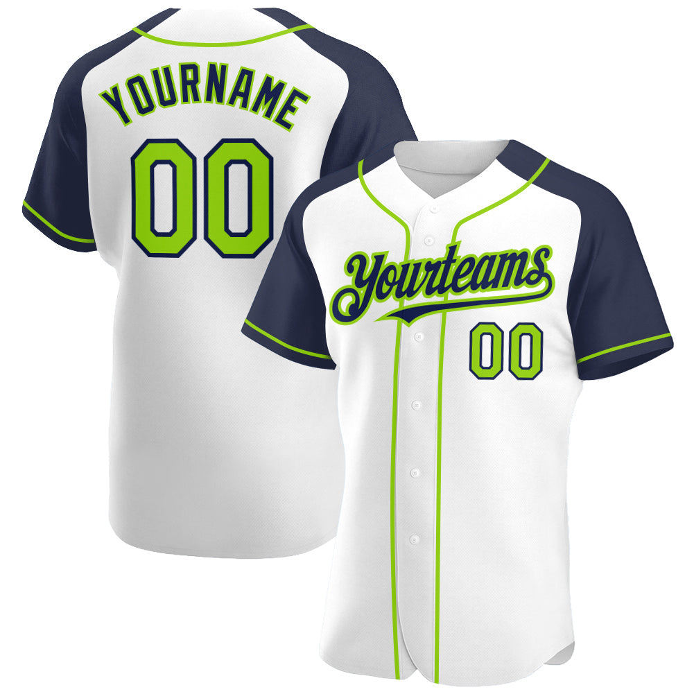 Custom White Neon Green-Navy Authentic Raglan Sleeves Baseball Jersey - Main View