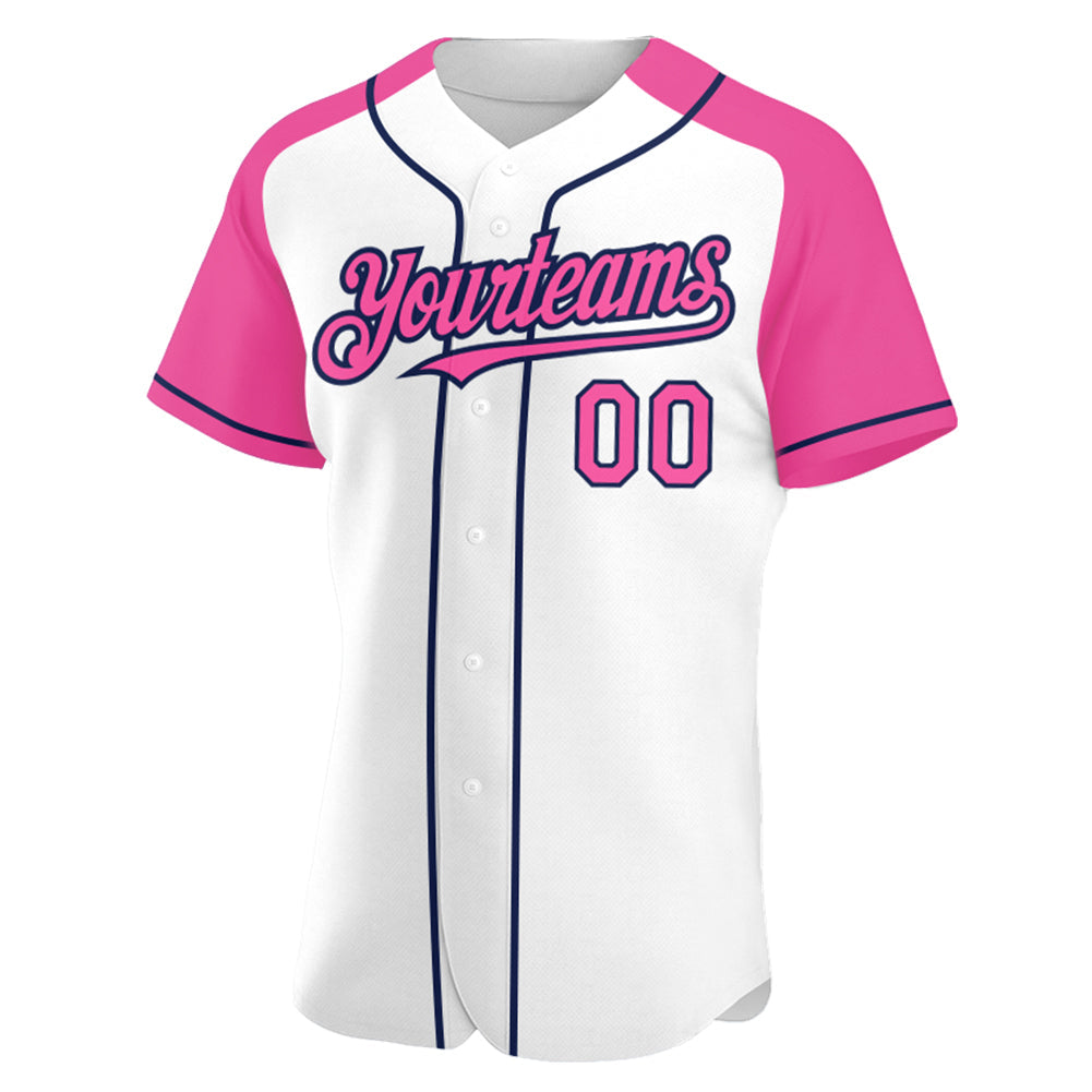 Custom White Pink-Navy Authentic Raglan Sleeves Baseball Jersey view 2