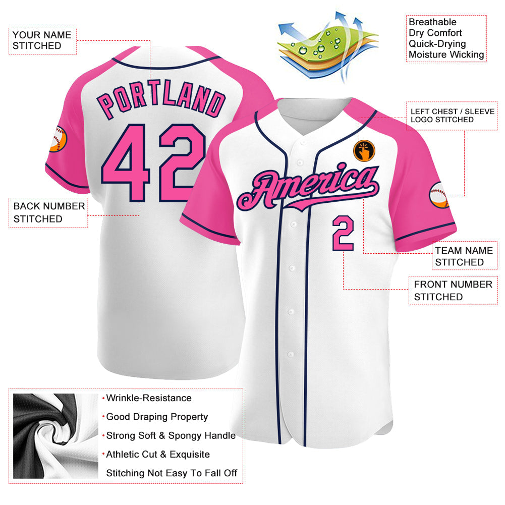 Custom White Pink-Navy Authentic Raglan Sleeves Baseball Jersey view 3