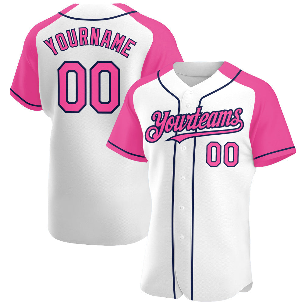 Custom White Pink-Navy Authentic Raglan Sleeves Baseball Jersey - Main View