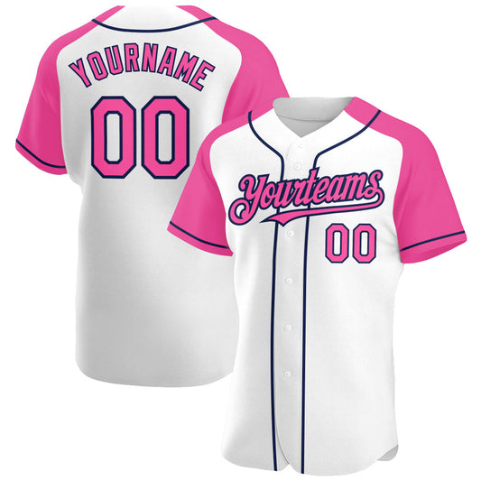 Custom White Pink-Navy Authentic Raglan Sleeves Baseball Jersey - Main View