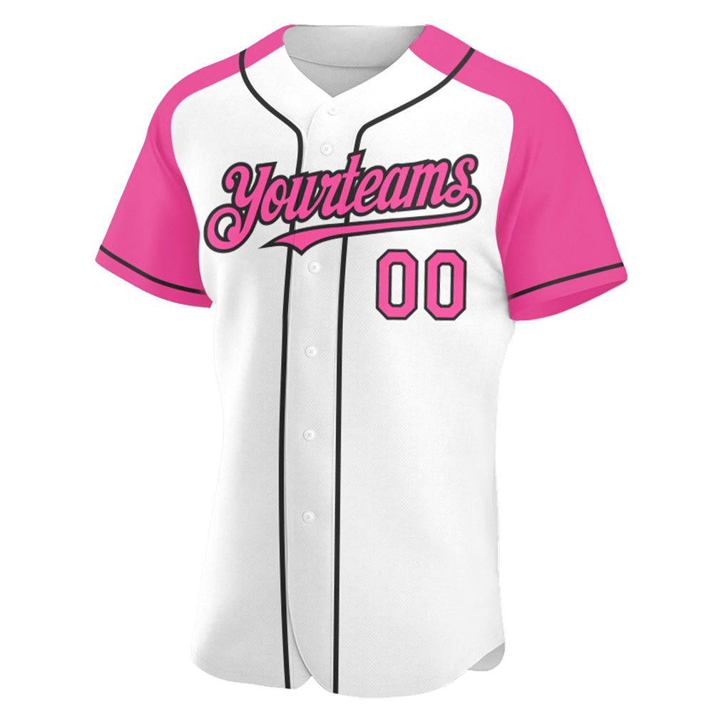 Custom White Pink-Black Authentic Raglan Sleeves Baseball Jersey view 2