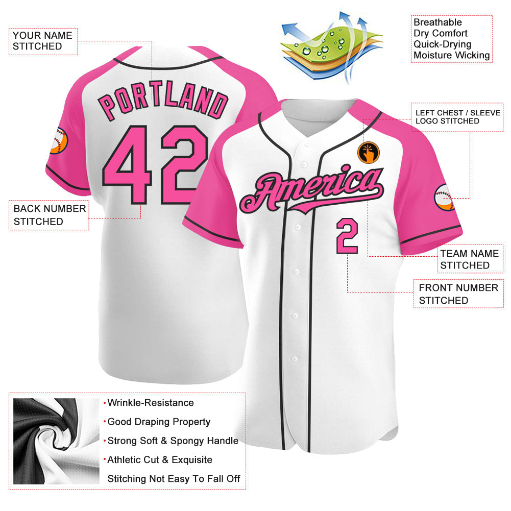 Custom White Pink-Black Authentic Raglan Sleeves Baseball Jersey view 3