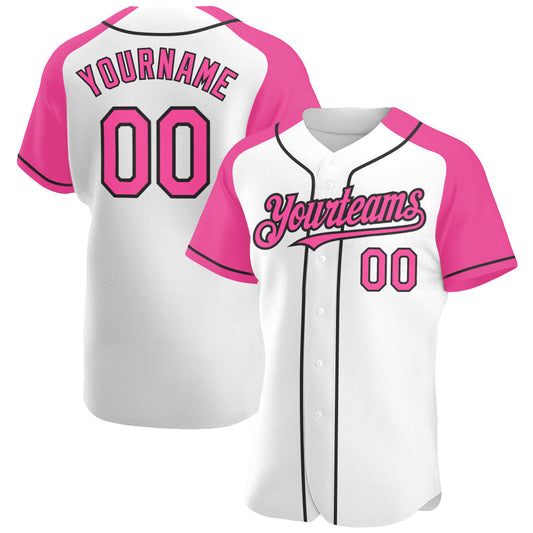 Custom White Pink-Black Authentic Raglan Sleeves Baseball Jersey - Main View