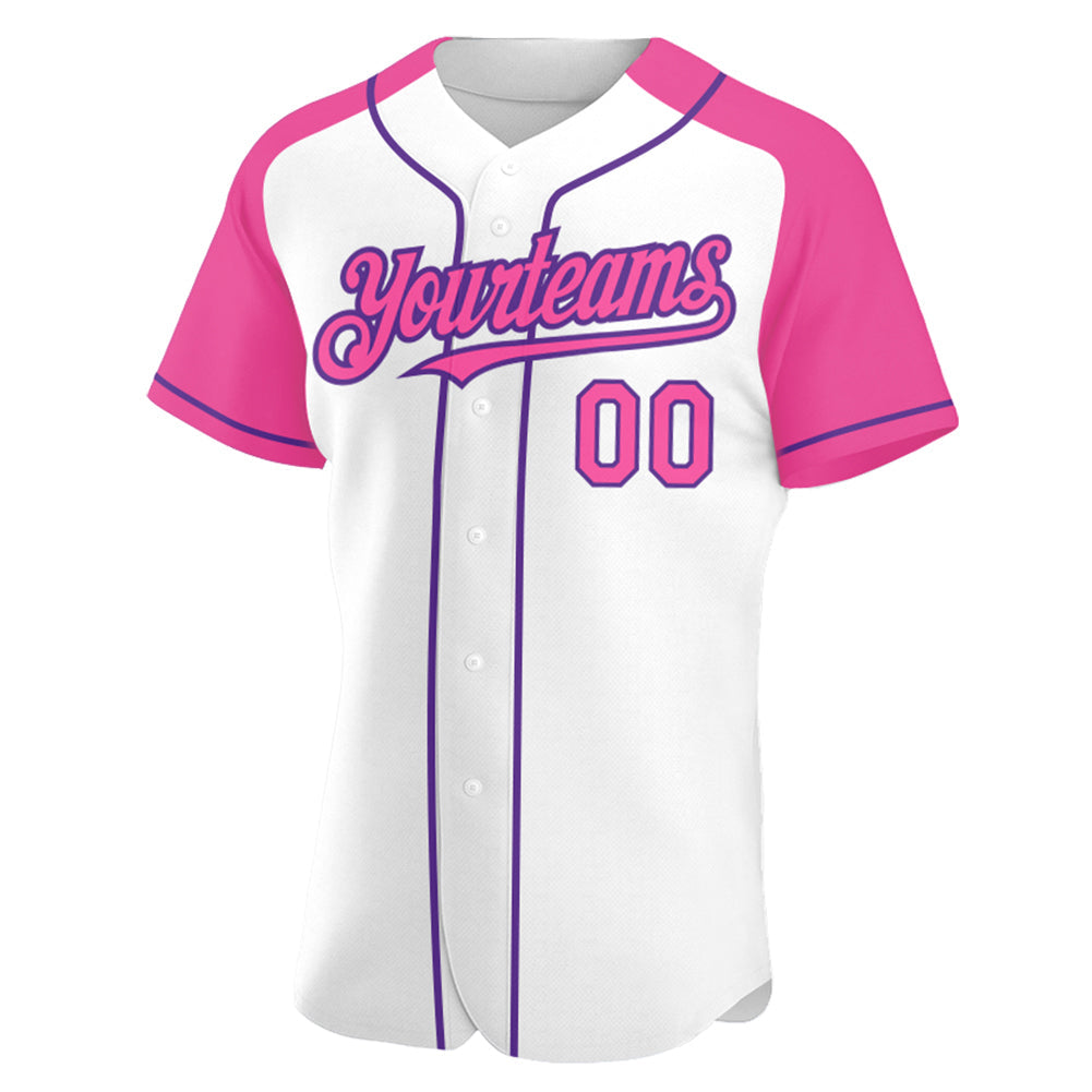 Custom White Pink-Purple Authentic Raglan Sleeves Baseball Jersey view 2