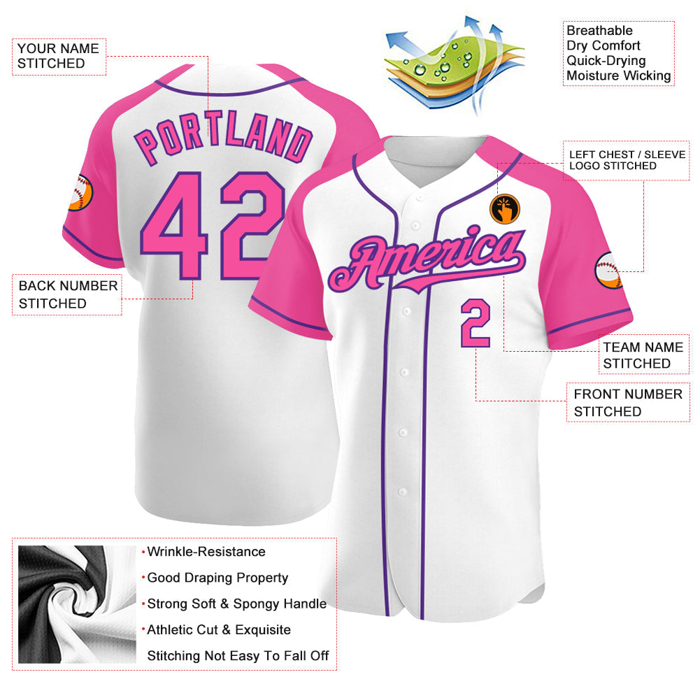 Custom White Pink-Purple Authentic Raglan Sleeves Baseball Jersey view 3