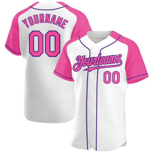 Custom White Pink-Purple Authentic Raglan Sleeves Baseball Jersey - Main View