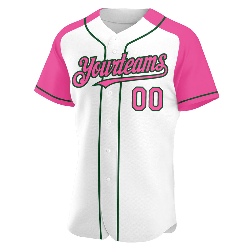 Custom White Pink-Green Authentic Raglan Sleeves Baseball Jersey view 2
