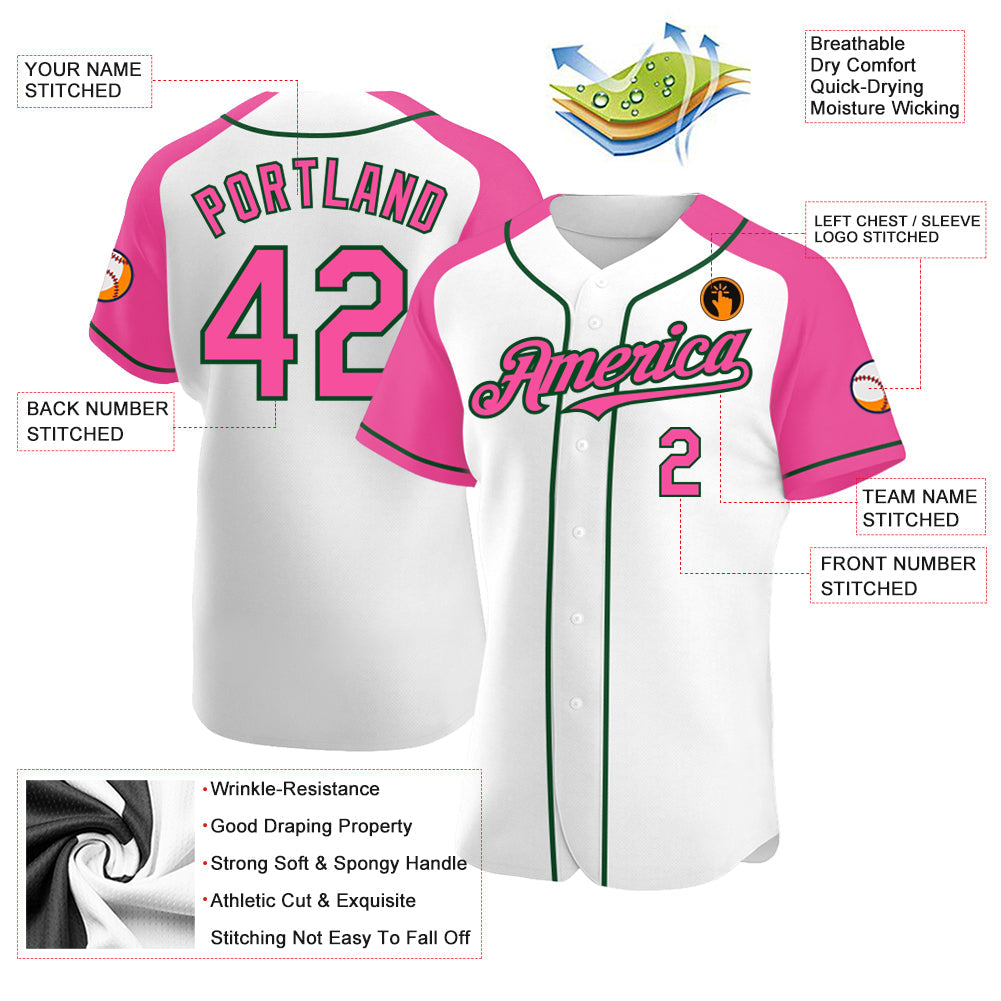 Custom White Pink-Green Authentic Raglan Sleeves Baseball Jersey view 3