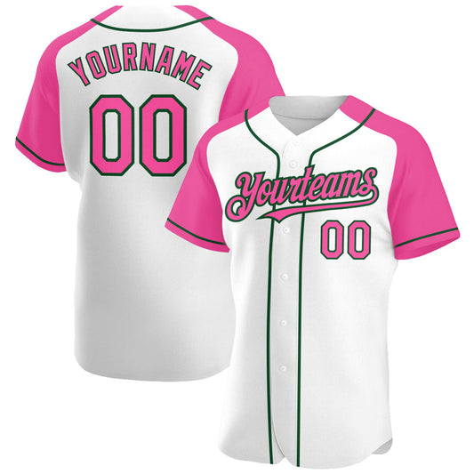 Custom White Pink-Green Authentic Raglan Sleeves Baseball Jersey - Main View