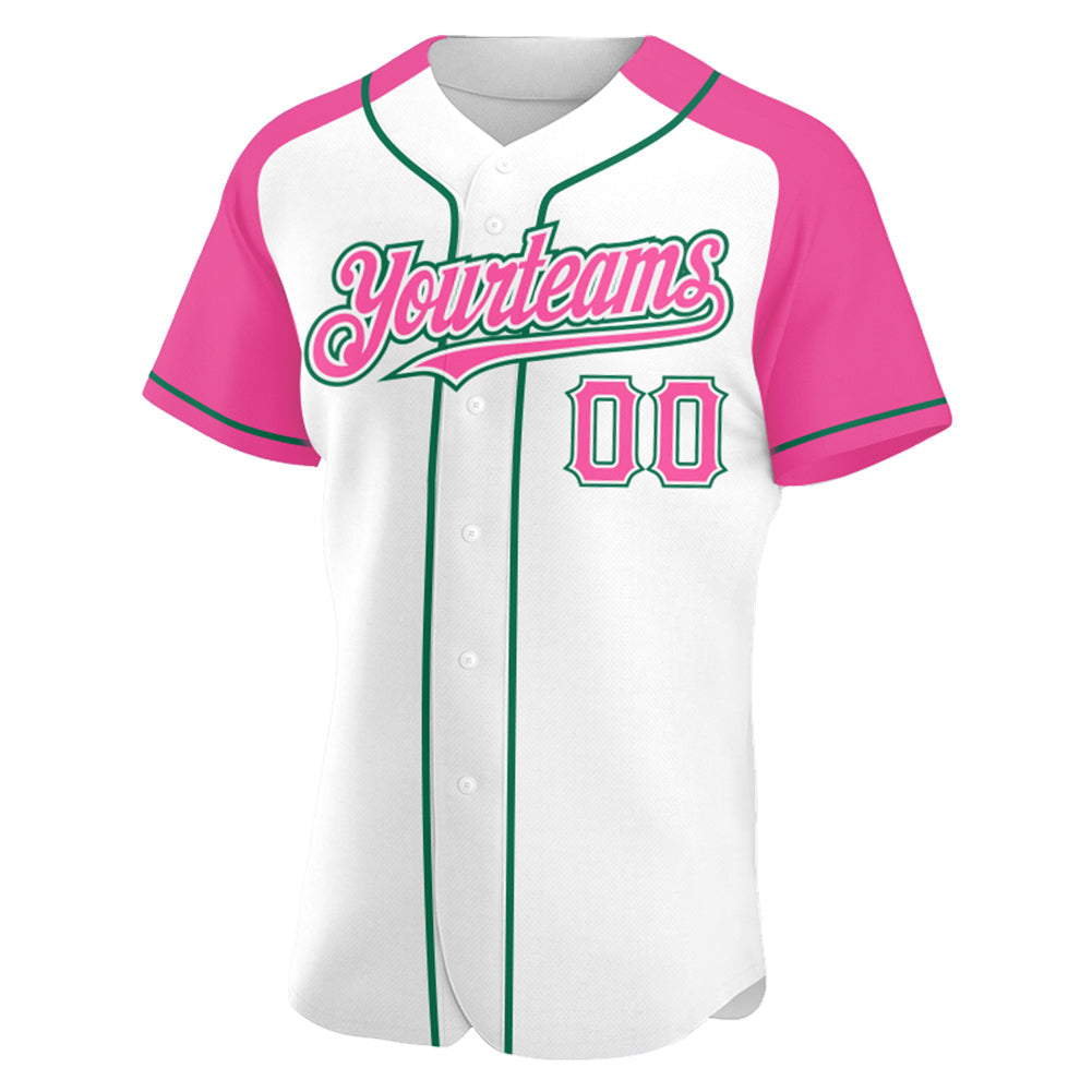 Custom White Pink-Kelly Green Authentic Raglan Sleeves Baseball Jersey view 2