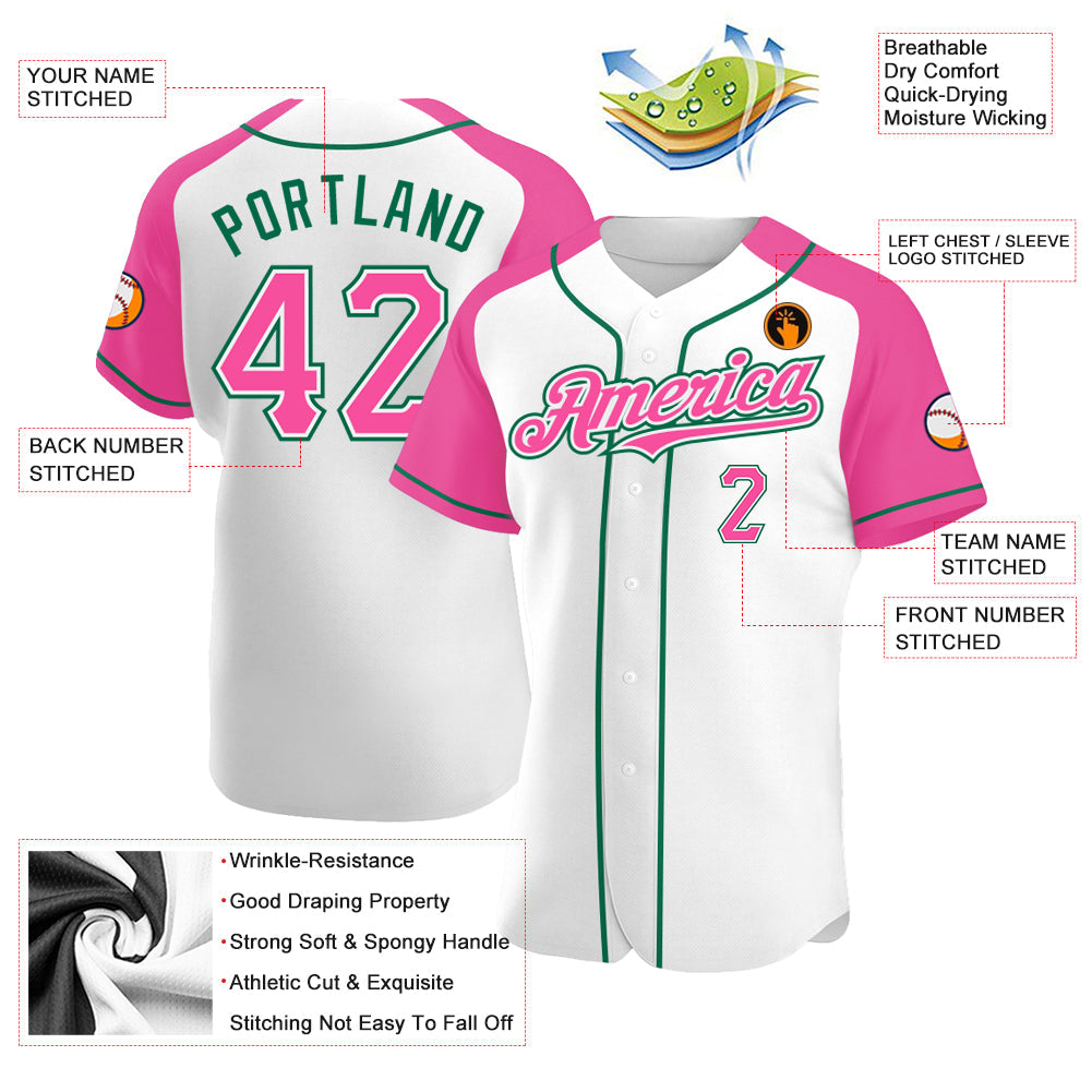 Custom White Pink-Kelly Green Authentic Raglan Sleeves Baseball Jersey view 3