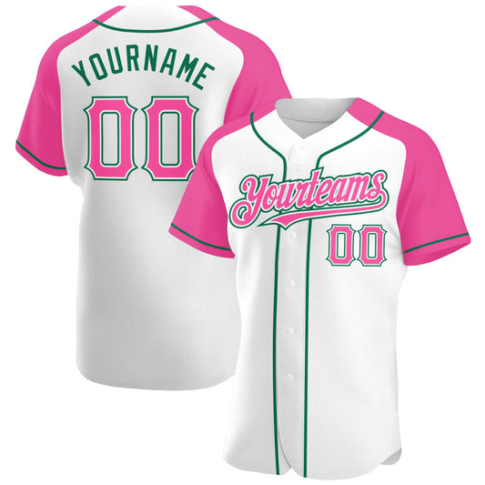 Custom White Pink-Kelly Green Authentic Raglan Sleeves Baseball Jersey - Main View