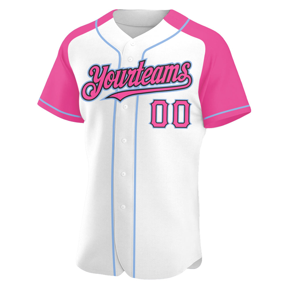 Custom White Pink Black-Light Blue Authentic Raglan Sleeves Baseball Jersey view 2