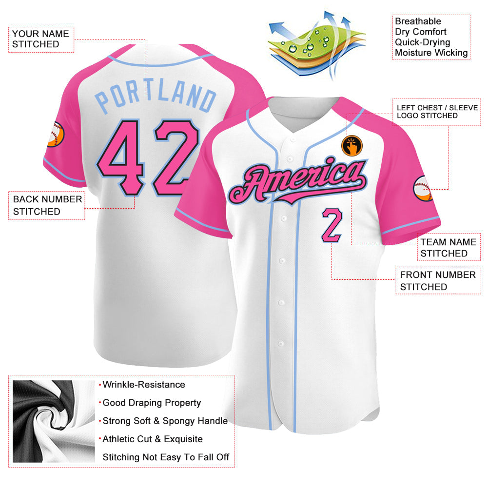 Custom White Pink Black-Light Blue Authentic Raglan Sleeves Baseball Jersey view 3