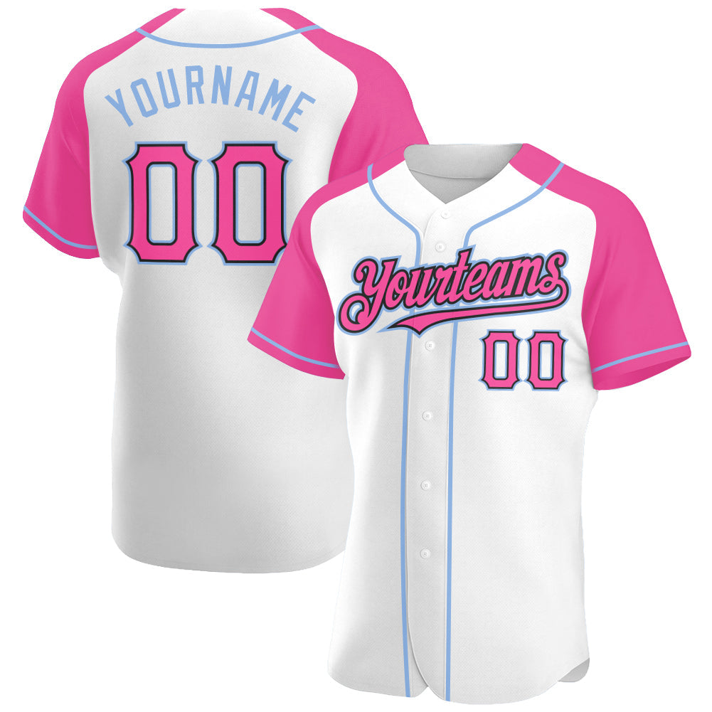Custom White Pink Black-Light Blue Authentic Raglan Sleeves Baseball Jersey - Main View