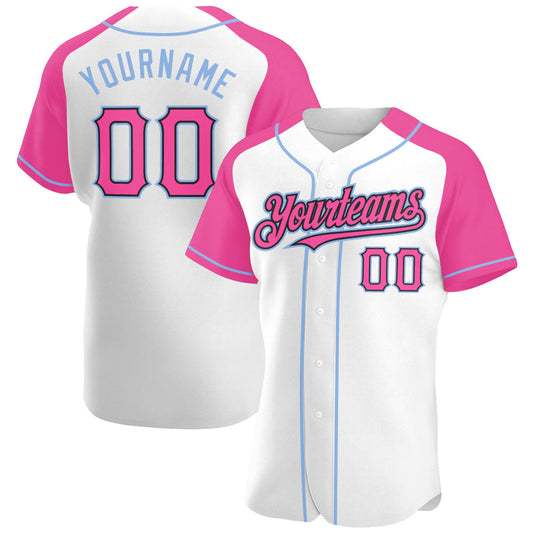 Custom White Pink Black-Light Blue Authentic Raglan Sleeves Baseball Jersey - Main View