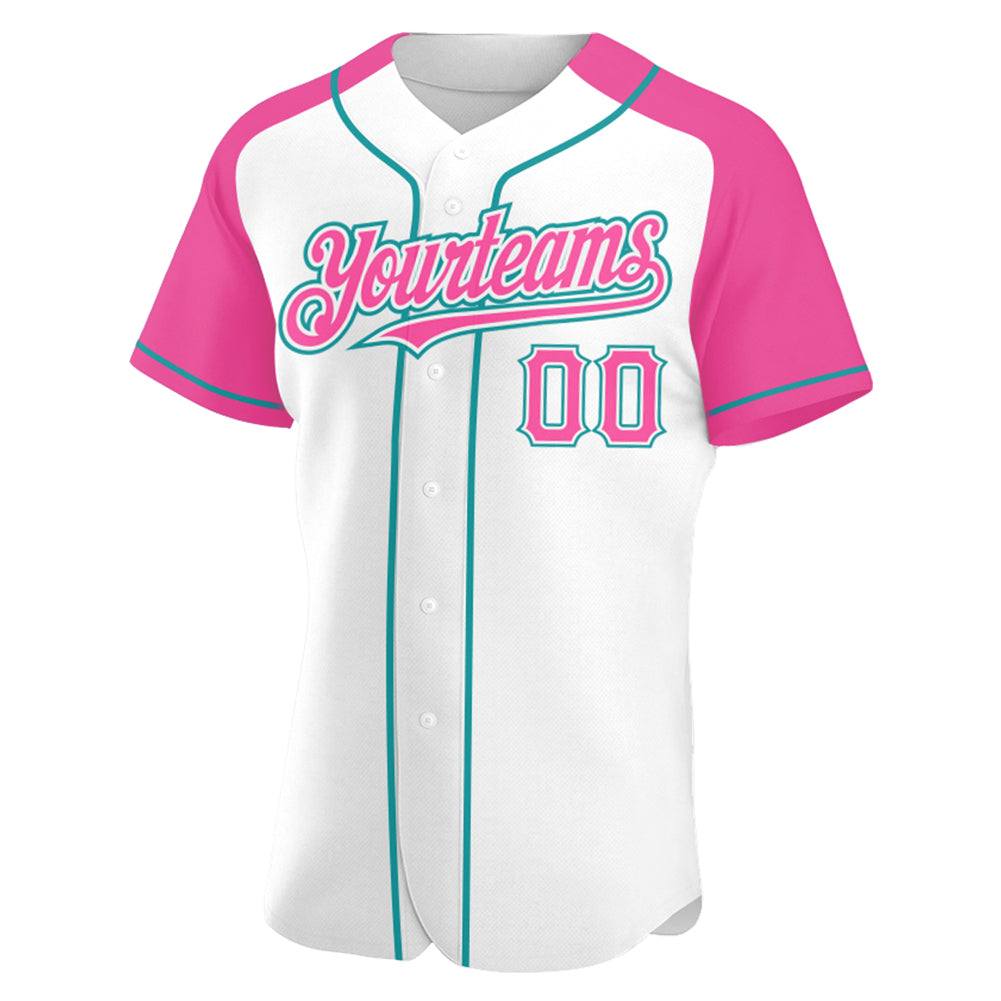 Custom White Pink-Teal Authentic Raglan Sleeves Baseball Jersey view 2