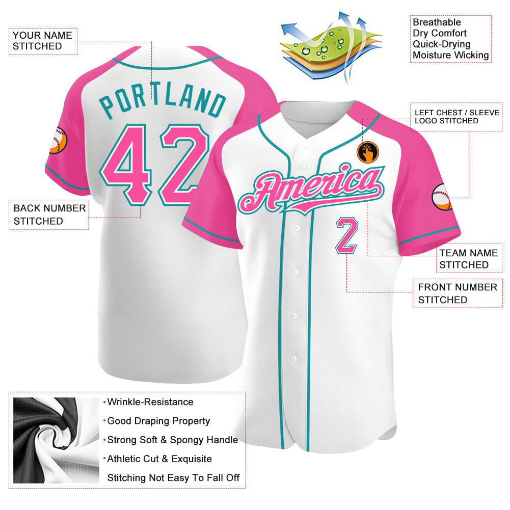 Custom White Pink-Teal Authentic Raglan Sleeves Baseball Jersey view 3