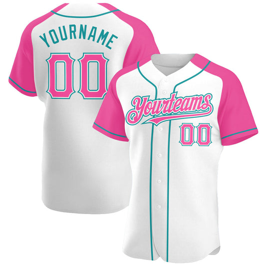 Custom White Pink-Teal Authentic Raglan Sleeves Baseball Jersey - Main View