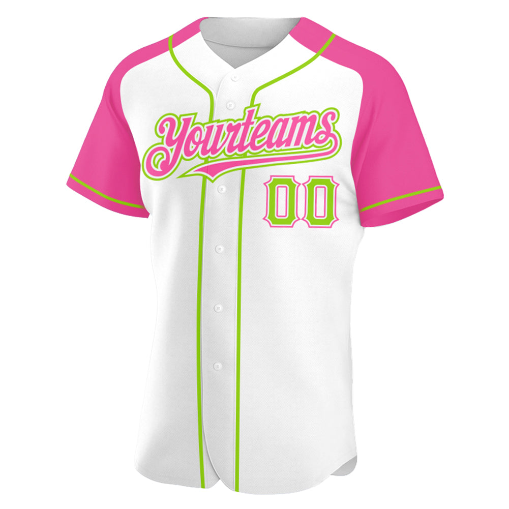Custom White Neon Green-Pink Authentic Raglan Sleeves Baseball Jersey view 3