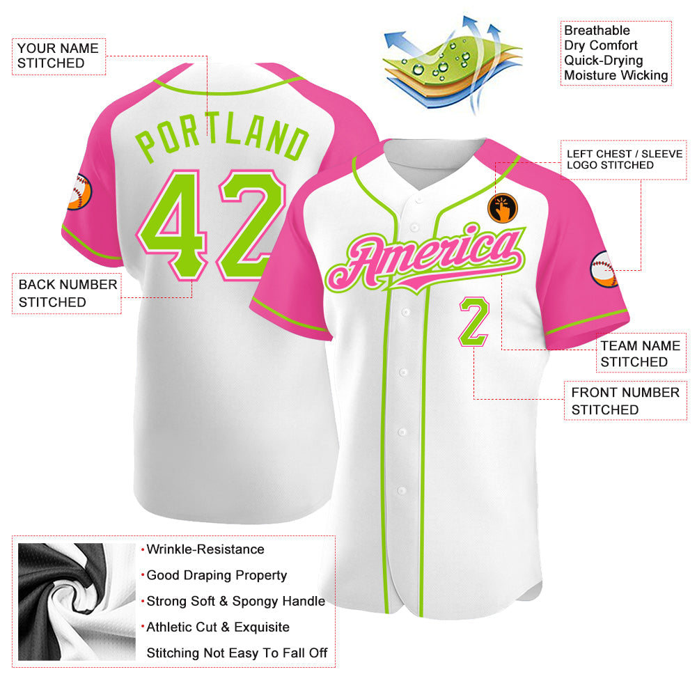 Custom White Neon Green-Pink Authentic Raglan Sleeves Baseball Jersey view 4